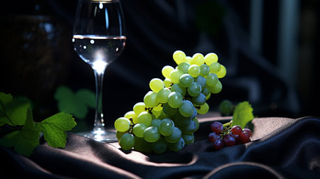 A glass of wine with white grapesの素材