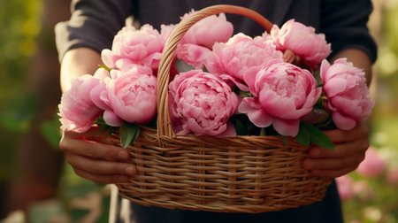 A farmer holds a basket of peony flowersの素材