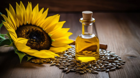 Sunflower oil in a bottle and seedsの素材