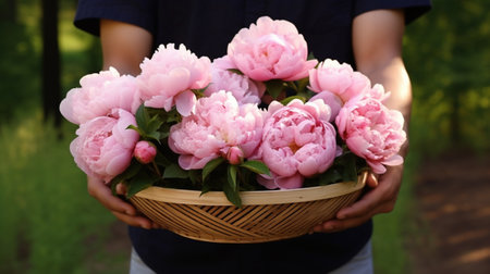 A farmer holds a basket of peony flowersの素材