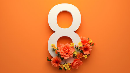 Number 8 on orange background with flowers on itの素材