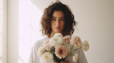 A brunette girl with flowers in her handの素材
