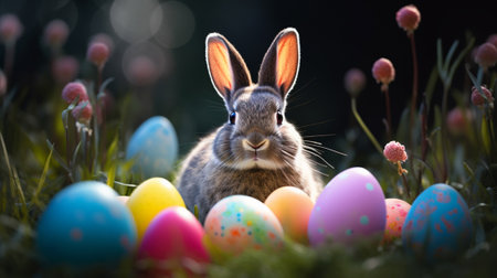 A rabbit with painted eggs on the grassの素材