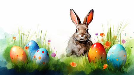 A rabbit with eggs painted on the grass in watercolor clipart styleの素材