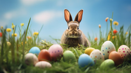 A rabbit with painted eggs on the grassの素材