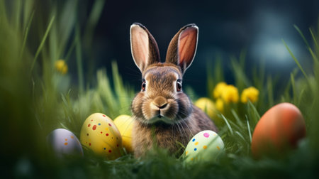 A rabbit with painted eggs on the grassの素材