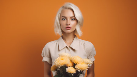 A blonde girl with flowers in her hand on an orange backgroundの素材