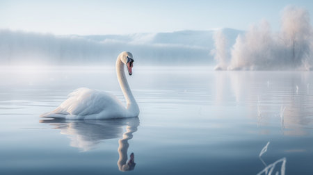 A white swan on a frozen lake in winterの素材