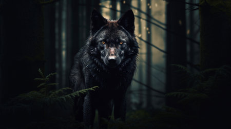 A black wolf in the forest at nightの素材