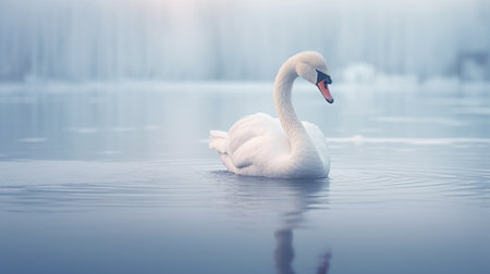 A white swan on a frozen lake in winterの素材