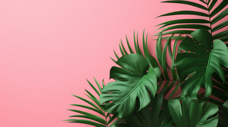 Tropical leaves on a pink backgroundの素材
