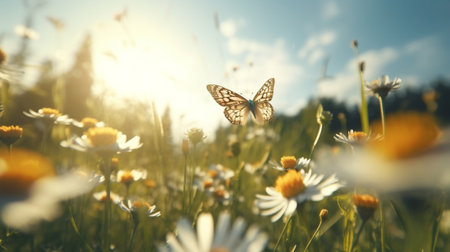 A butterfly in a field of flowersの素材