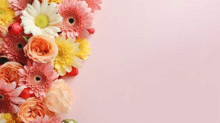 A floral composition on a pastel background, top viewの素材