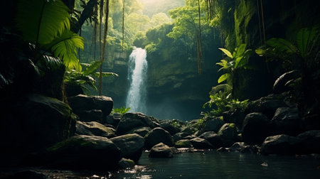 A waterfall in the middle of a tropical forestの素材