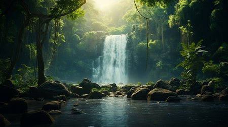 A waterfall in the middle of a tropical forestの素材