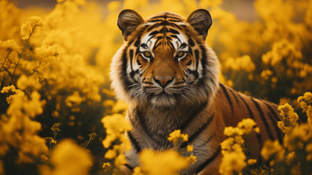 A tiger on a field with yellow flowersの素材