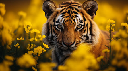 A tiger on a field with yellow flowersの素材