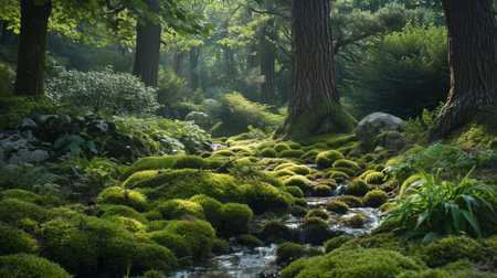 A scene in the moss-covered forest on the bank of a riverの素材
