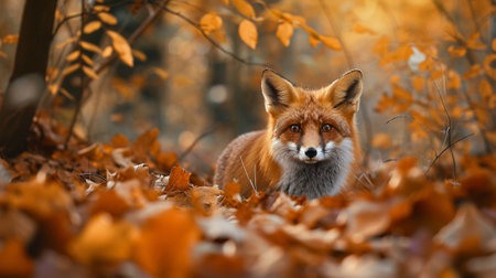 A fox in autumn leaves in the forestの素材