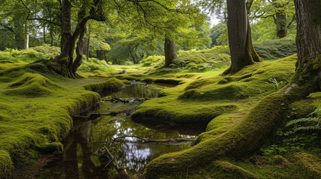 A scene in the moss-covered forest on the bank of a riverの素材