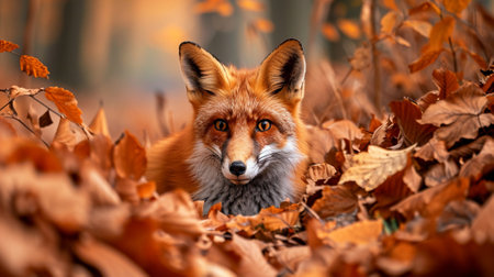 A fox in autumn leaves in the forestの素材