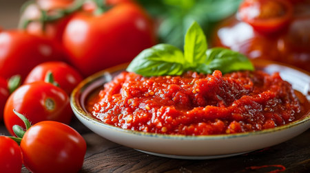A plate with fresh tomato sauce, and tomatoesの素材