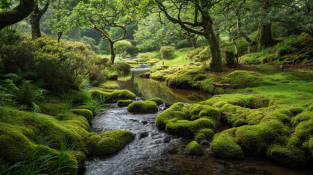 A scene in the moss-covered forest on the bank of a riverの素材