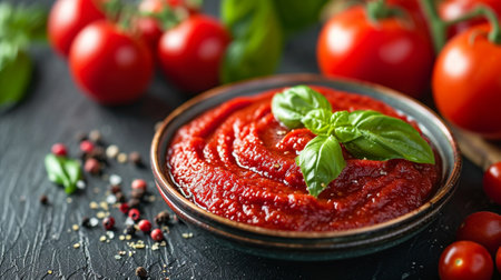 A plate with fresh tomato sauce, and tomatoesの素材