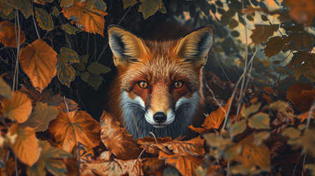 A fox in autumn leaves in the forestの素材