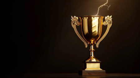 A gold cup on a black background, lightning, victoryの素材