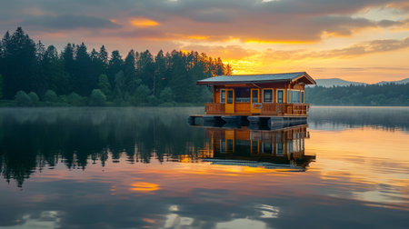 A small house floating on a lake at sunriseの素材