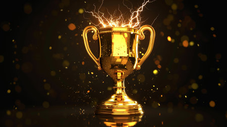 A gold cup on a black background, lightning, victoryの素材