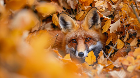A fox in autumn leaves in the forestの素材