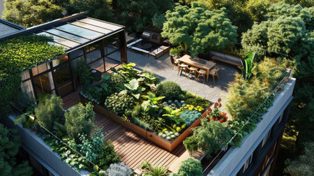 A roof terrace in the city, with lots of vegetation