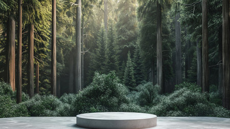A modern podium for product design against the backdrop of a sequoia forestの素材