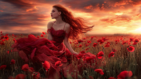 A beautiful girl with red hair in a red dress in a lake of poppiesの素材