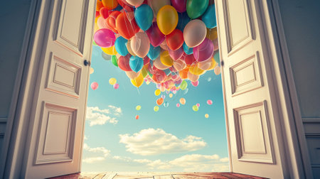 An open wooden door through which balloons come outの素材