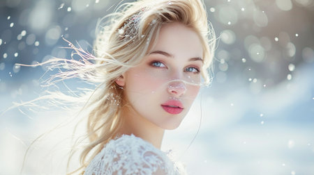 A beautiful girl with blond hair in a white dress in winter on the snowの素材