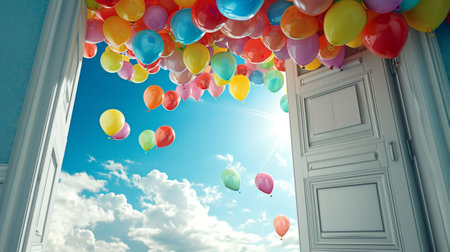 An open wooden door through which balloons come outの素材