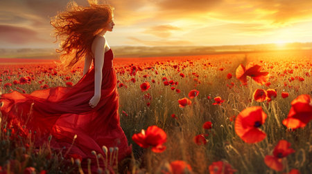 A beautiful girl with red hair in a red dress in a lake of poppiesの素材