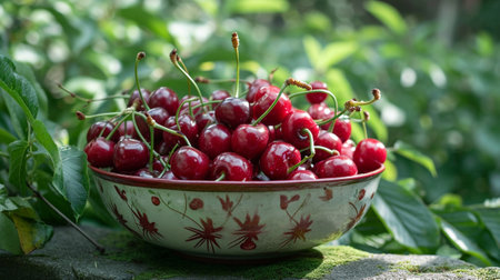 A plate of cherries in the gardenの素材