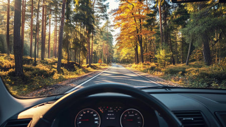A car driving on the road in the forest, view from the driver's seatの素材