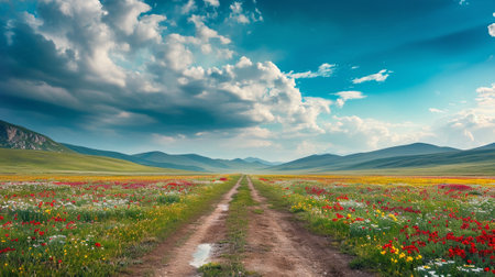 A road on a plain with flowers towards the mountainsの素材