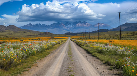 A road on a plain with flowers towards the mountainsの素材