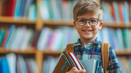 A boy with glasses and books in hand enters the classroomの素材