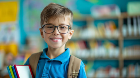 A boy with glasses and books in hand enters the classroomの素材