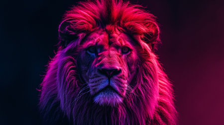 Portrait of a lion on a black background with neon lightsの素材