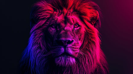 Portrait of a lion on a black background with neon lightsの素材