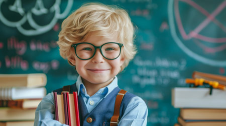 A boy with glasses and books in hand enters the classroomの素材