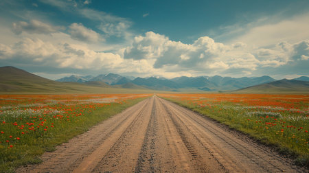A road on a plain with flowers towards the mountainsの素材